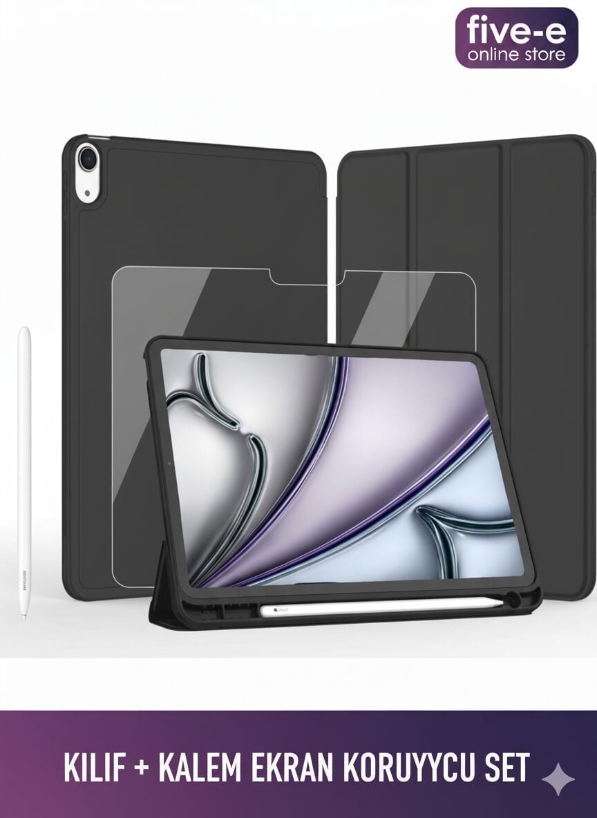 Apple iPad 11. Nesil (A16) 11 Inc (2025) Kılıf Ekran Koruyucu ve Stylus Kalemli 3'ü 1 Arada Full Gear Set A3354 A3355 Siyah