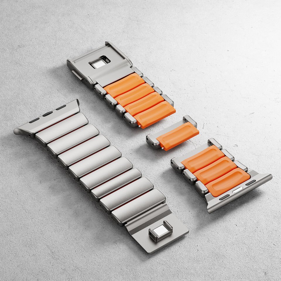 Apple Watch 7 45mm Çift Bileşenli Endüstriyel Metal Kaplama Termo-Silikon Fusion Serisi Kordon