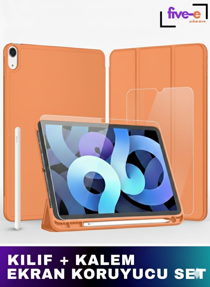 Apple iPad 11. Nesil (A16) 11 Inc (2025) Kılıf Ekran Koruyucu ve Stylus Kalemli 3'ü 1 Arada Full Gear Set A3354 A3355 Turuncu