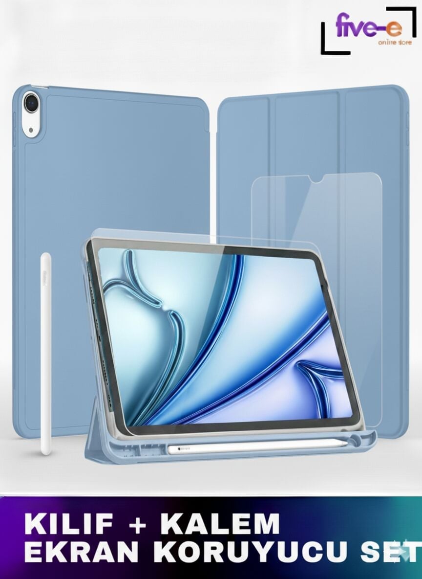 Apple iPad 11. Nesil (A16) 11 Inc (2025) Kılıf Ekran Koruyucu ve Stylus Kalemli 3'ü 1 Arada Full Gear Set A3354 A3355 Açık Mavi