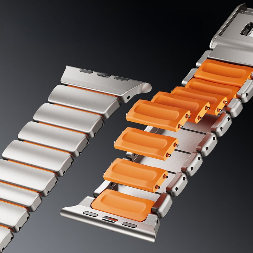 Apple Watch Ultra 2 49mm Çift Bileşenli Endüstriyel Metal Kaplama Termo-Silikon Fusion Serisi Kordon Gümüş - Mavi