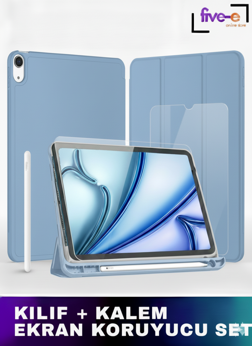 Apple iPad 10. Nesil 10.9 (2022) Kılıf Ekran Koruyucu ve Stylus Kalemli 3'ü 1 Arada Full Gear Set A2696 A2757 A2777 A3162 Açık Mavi