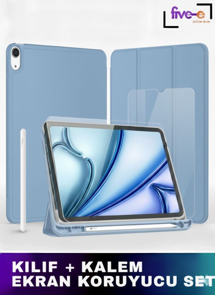 Apple iPad 10. Nesil 10.9 (2022) Kılıf Ekran Koruyucu ve Stylus Kalemli 3'ü 1 Arada Full Gear Set A2696 A2757 A2777 A3162 Açık Mavi