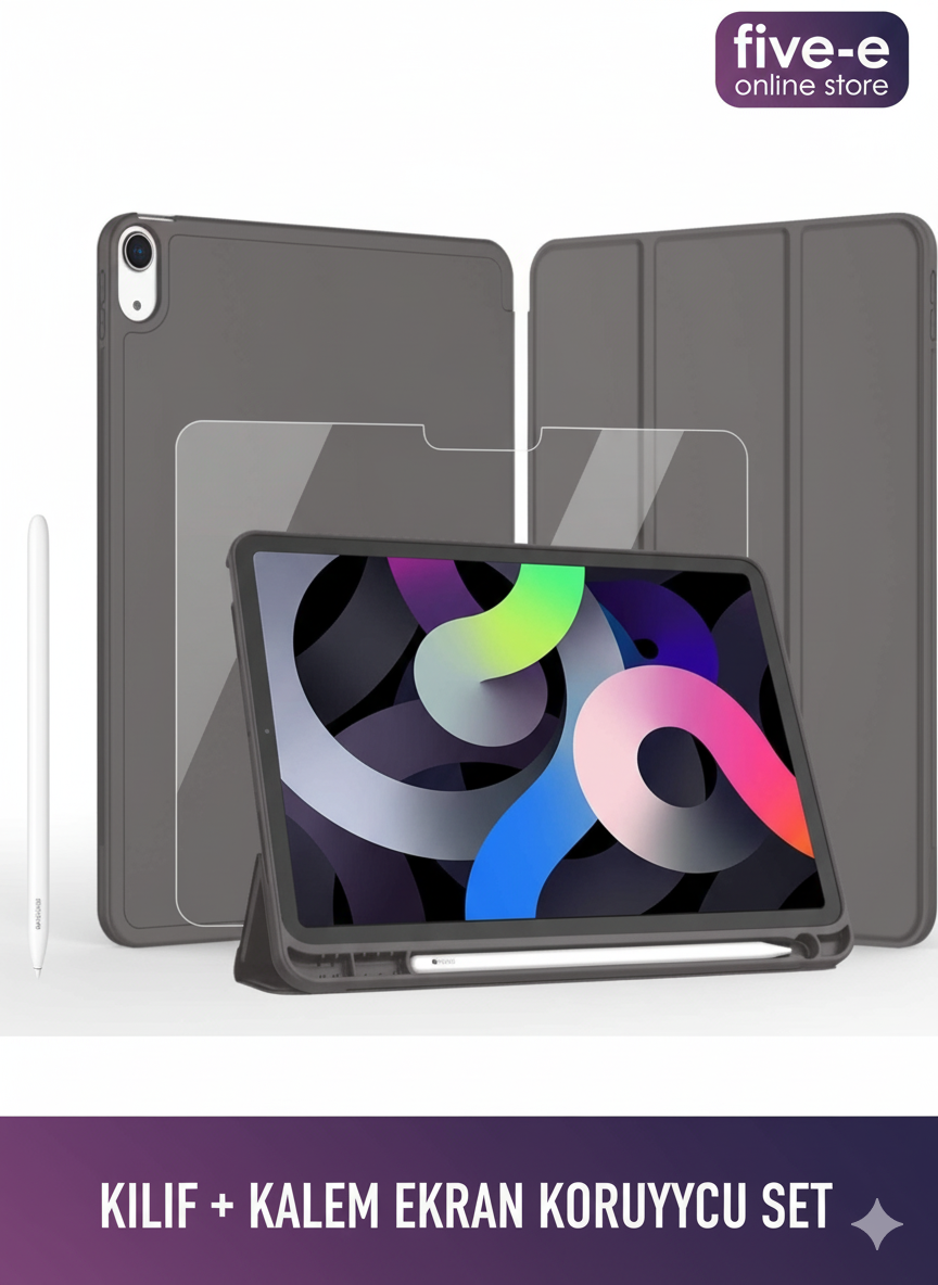Apple iPad 10. Nesil 10.9 (2022) Kılıf Ekran Koruyucu ve Stylus Kalemli 3'ü 1 Arada Full Gear Set A2696 A2757 A2777 A3162 Füme