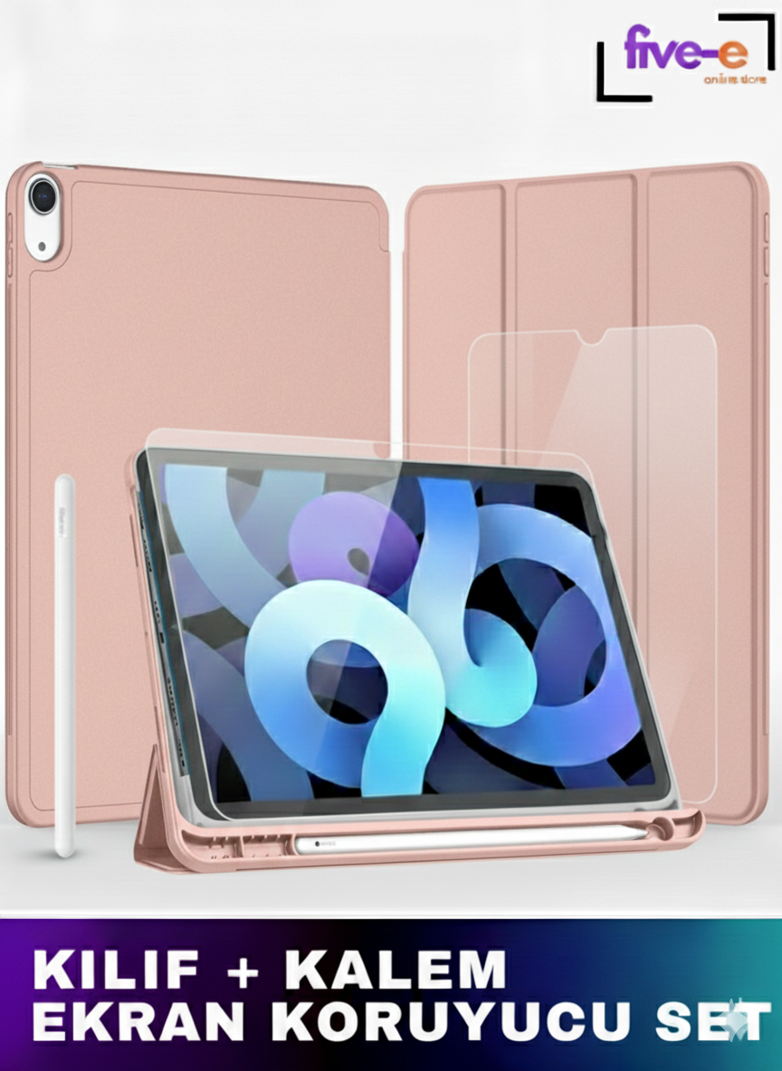 Apple iPad 10. Nesil 10.9 (2022) Kılıf Ekran Koruyucu ve Stylus Kalemli 3'ü 1 Arada Full Gear Set A2696 A2757 A2777 A3162 Rose Gold