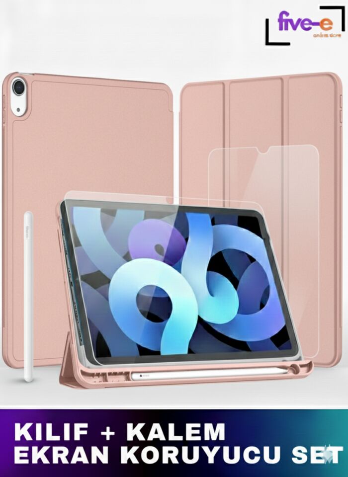 Apple iPad 10. Nesil 10.9 (2022) Kılıf Ekran Koruyucu ve Stylus Kalemli 3'ü 1 Arada Full Gear Set A2696 A2757 A2777 A3162 Rose Gold