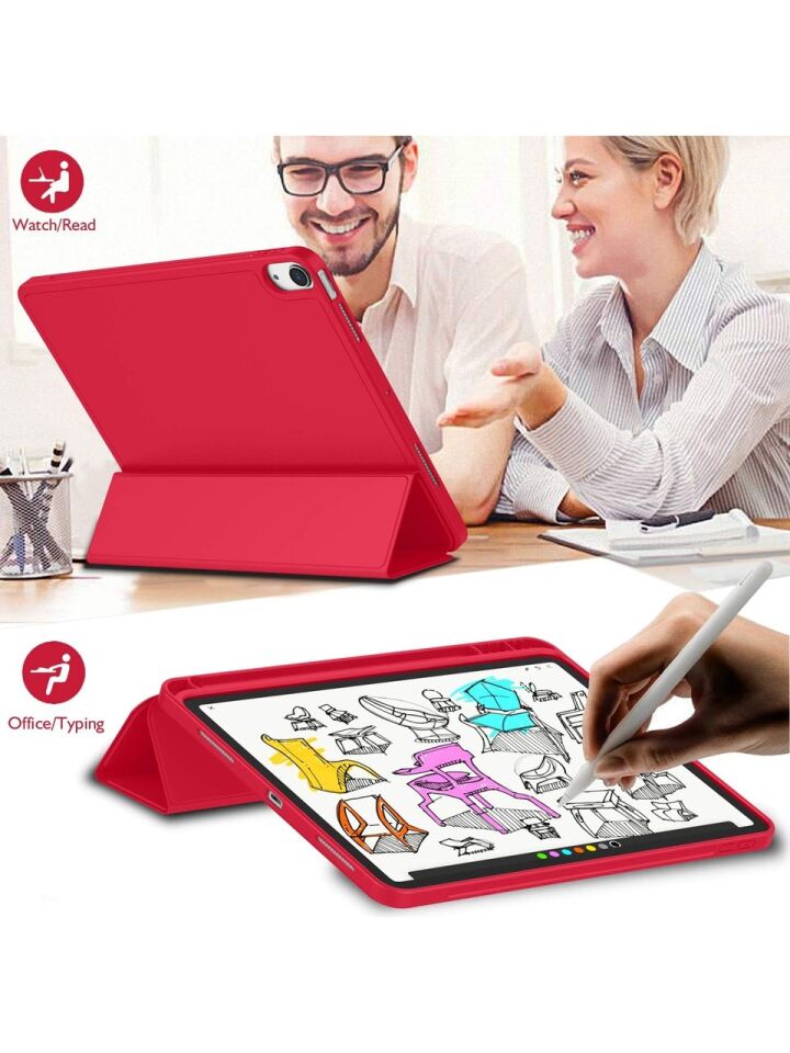 Apple iPad 10. Nesil 10.9 (2022) Kılıf Ekran Koruyucu ve Stylus Kalemli 3'ü 1 Arada Full Gear Set A2696 A2757 A2777 A3162 Kırmızı