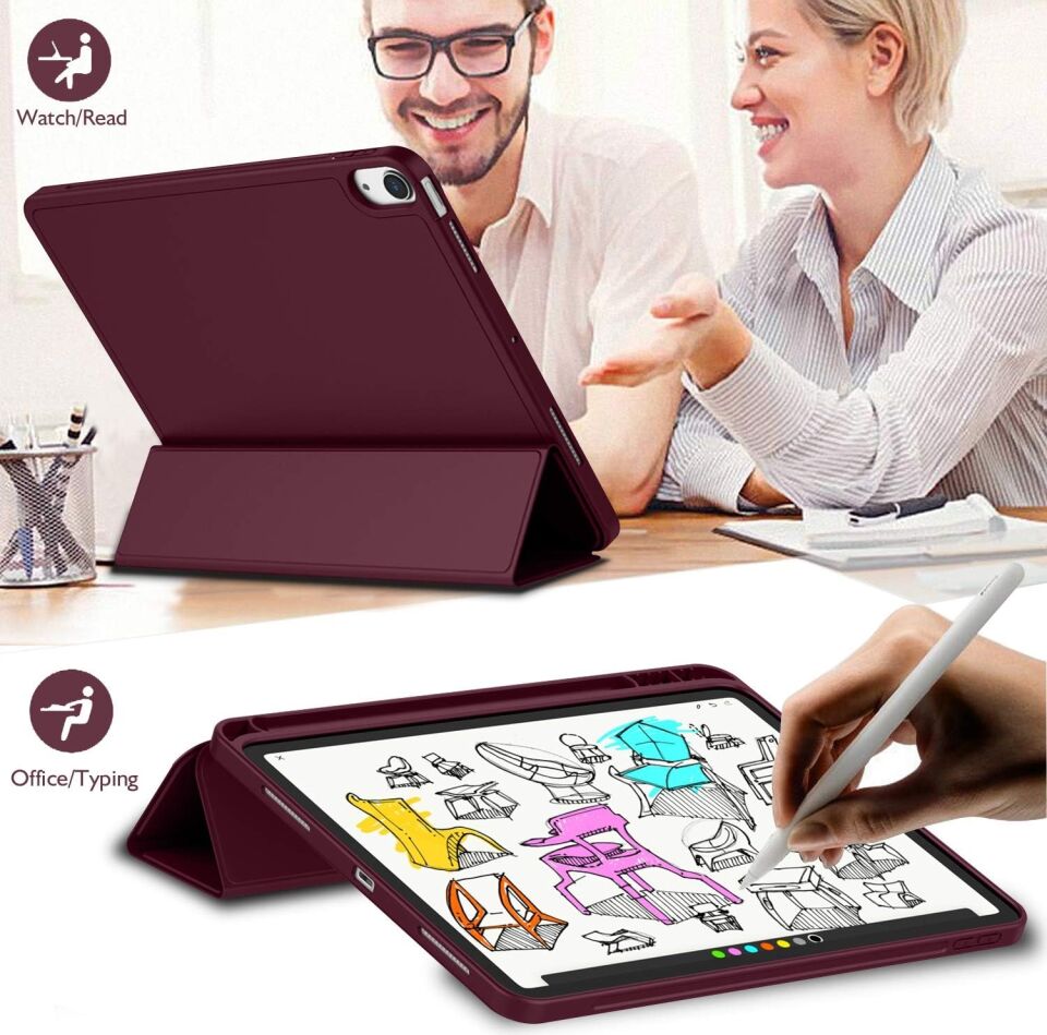 Apple iPad 10. Nesil 10.9 (2022) Kılıf Ekran Koruyucu ve Stylus Kalemli 3'ü 1 Arada Full Gear Set A2696 A2757 A2777 A3162 Bordo