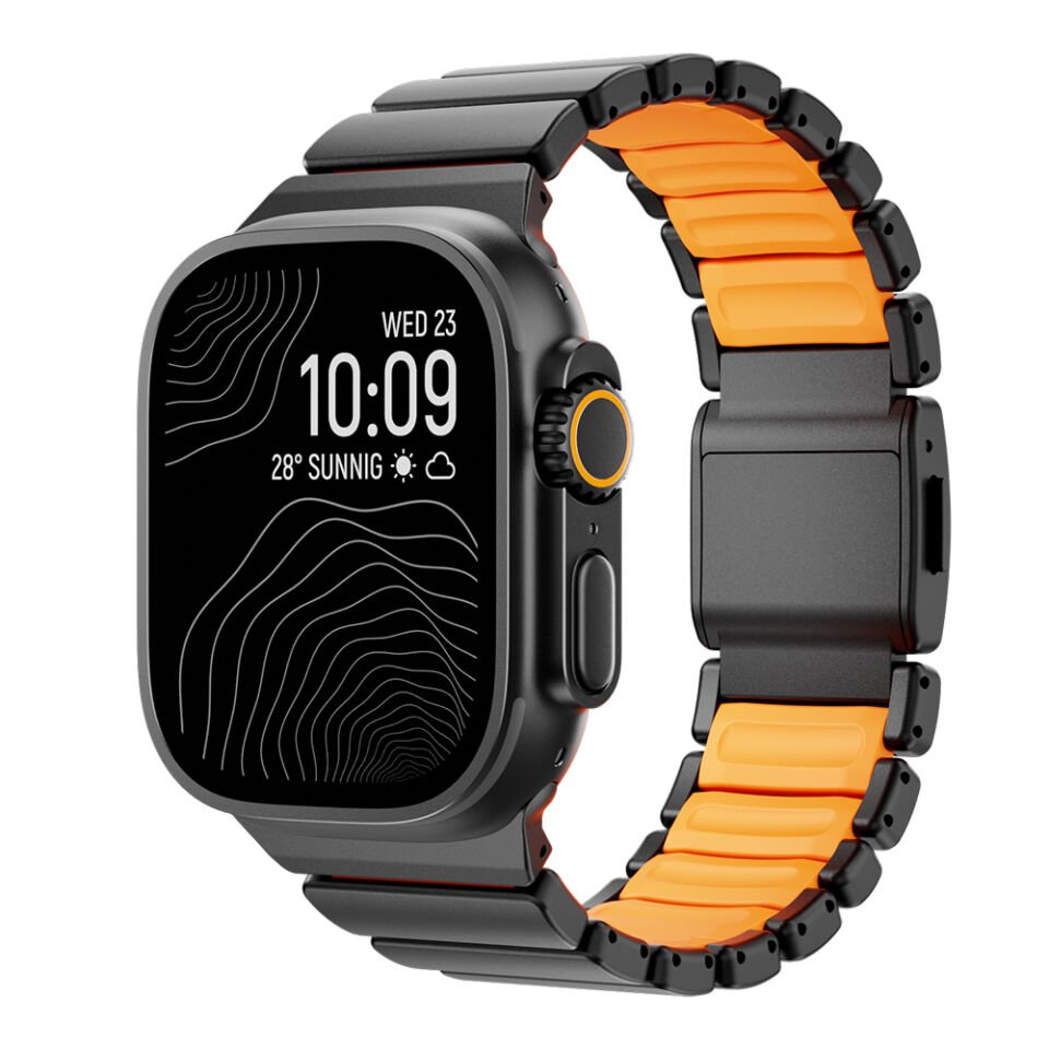 Apple Watch Ultra 49mm Çift Bileşenli Endüstriyel Metal Kaplama Termo-Silikon Fusion Serisi Kordon Siyah - Turuncu