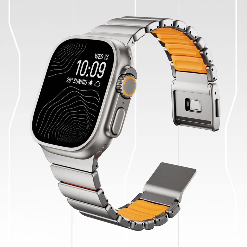 Apple Watch Ultra 49mm Çift Bileşenli Endüstriyel Metal Kaplama Termo-Silikon Fusion Serisi Kordon Siyah - Turuncu