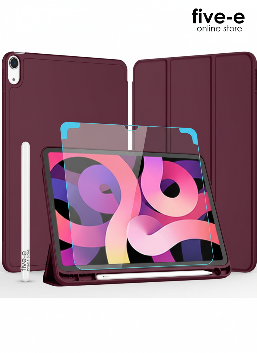 Apple iPad 10. Nesil 10.9 (2022) Kılıf Ekran Koruyucu ve Stylus Kalemli 3'ü 1 Arada Full Gear Set A2696 A2757 A2777 A3162 Bordo