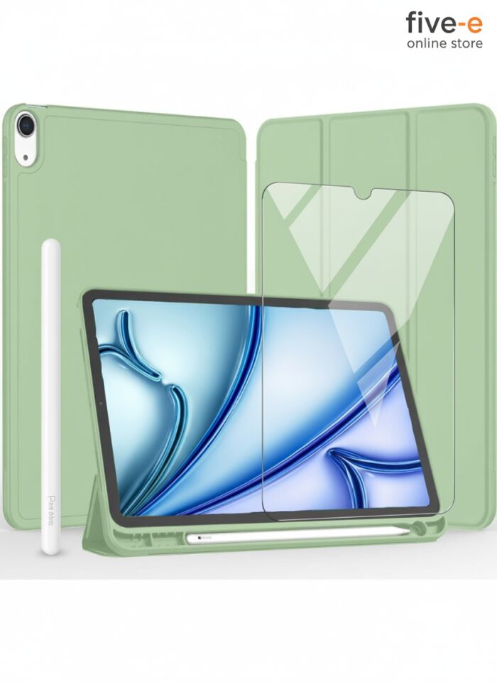 Apple iPad Air 4. Nesil 10.9 (2020) Kılıf Ekran Koruyucu ve Stylus Kalemli 3'ü 1 Arada Full Gear Set A2316 A2324 A2325 A2072 Açık Yeşil
