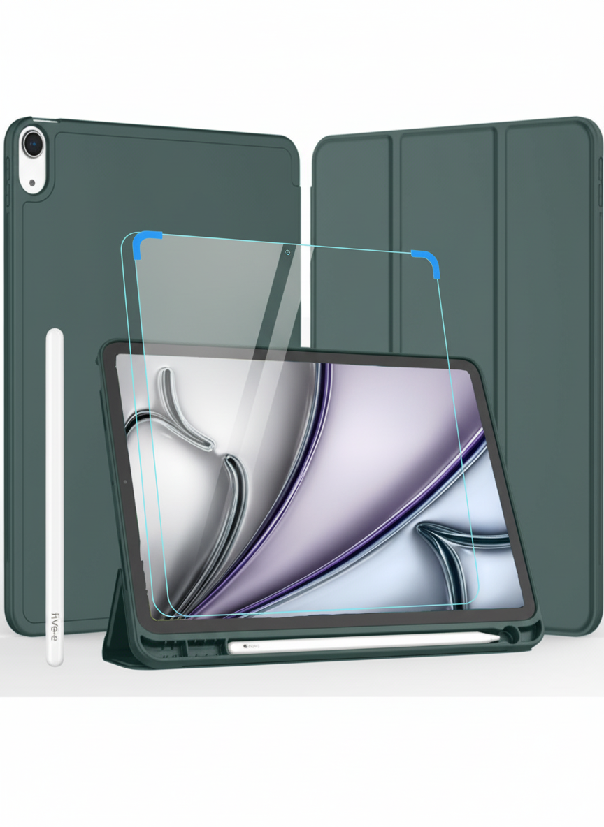 Apple iPad Air 4. Nesil 10.9 (2020) Kılıf Ekran Koruyucu ve Stylus Kalemli 3'ü 1 Arada Full Gear Set A2316 A2324 A2325 A2072 Haki