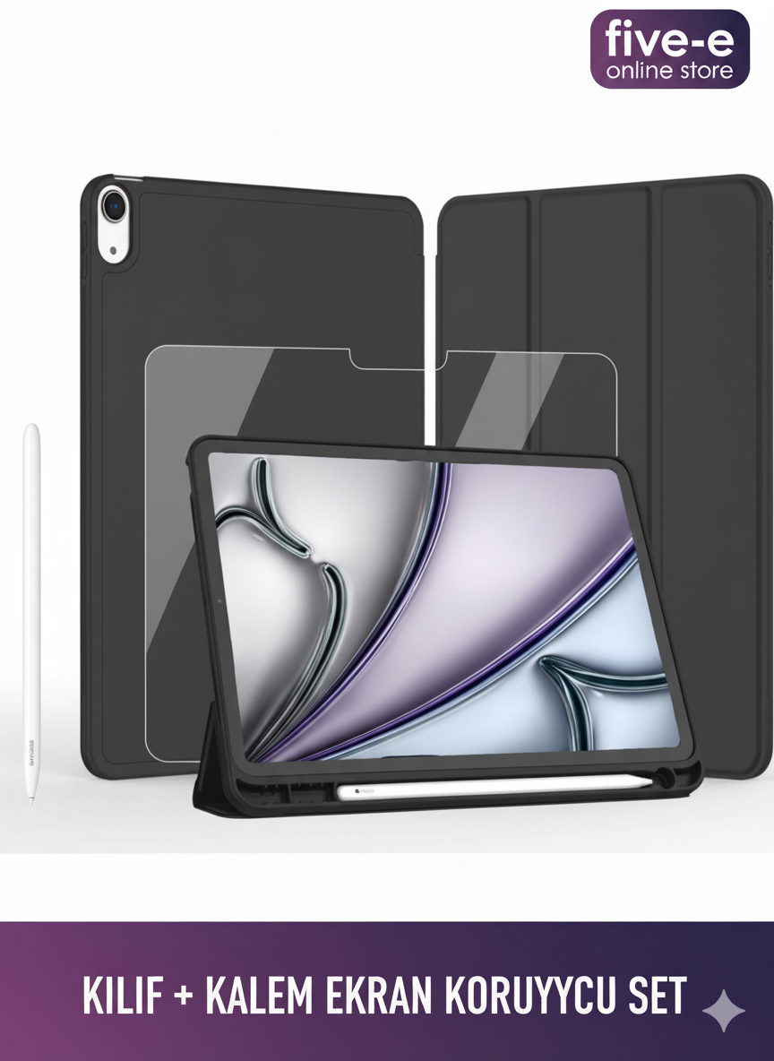 Apple iPad Air 4. Nesil 10.9 (2020) Kılıf Ekran Koruyucu ve Stylus Kalemli 3'ü 1 Arada Full Gear Set A2316 A2324 A2325 A2072 Siyah