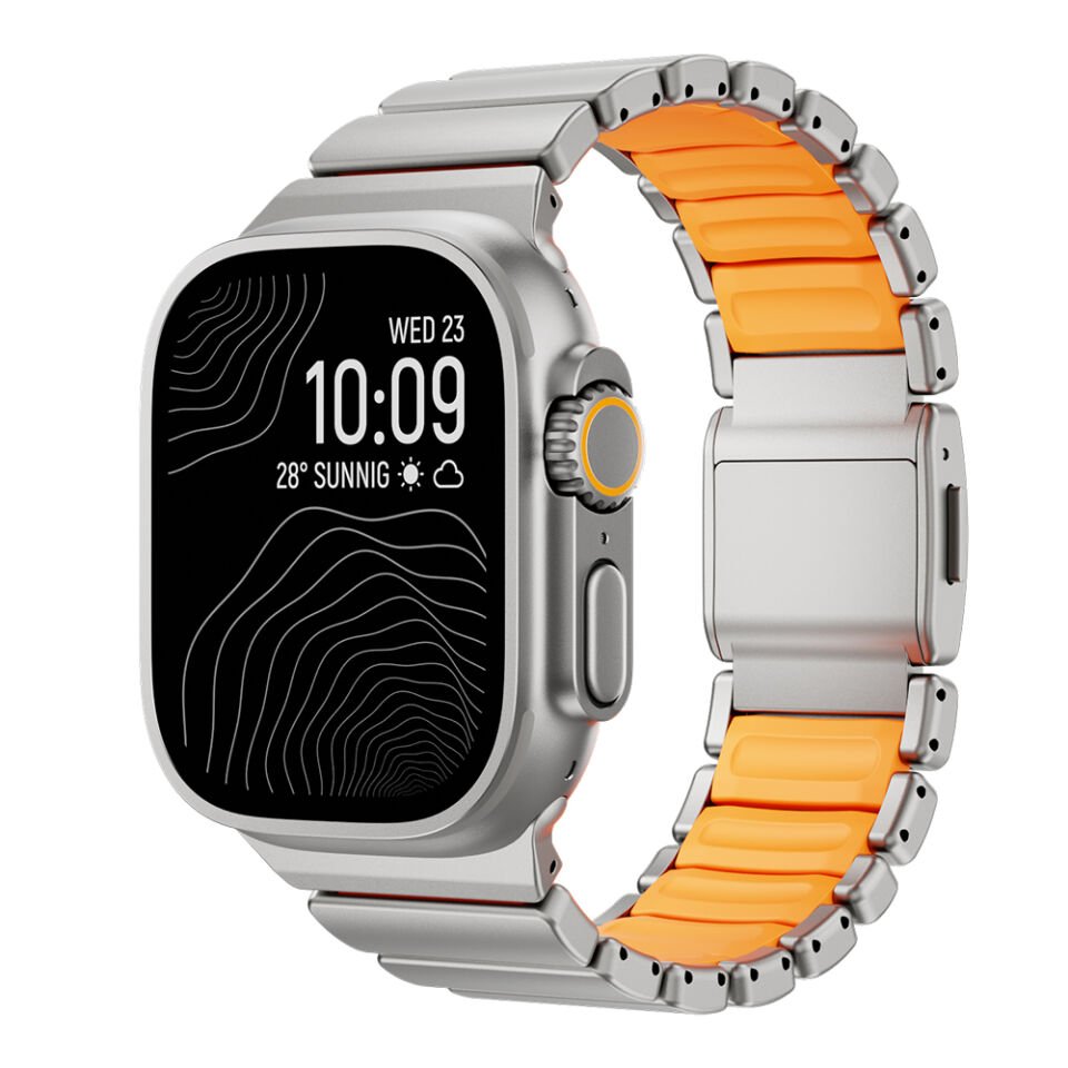 Apple Watch 10 46mm Çift Bileşenli Endüstriyel Metal Kaplama Termo-Silikon Fusion Serisi Kordon Gümüş - Turuncu