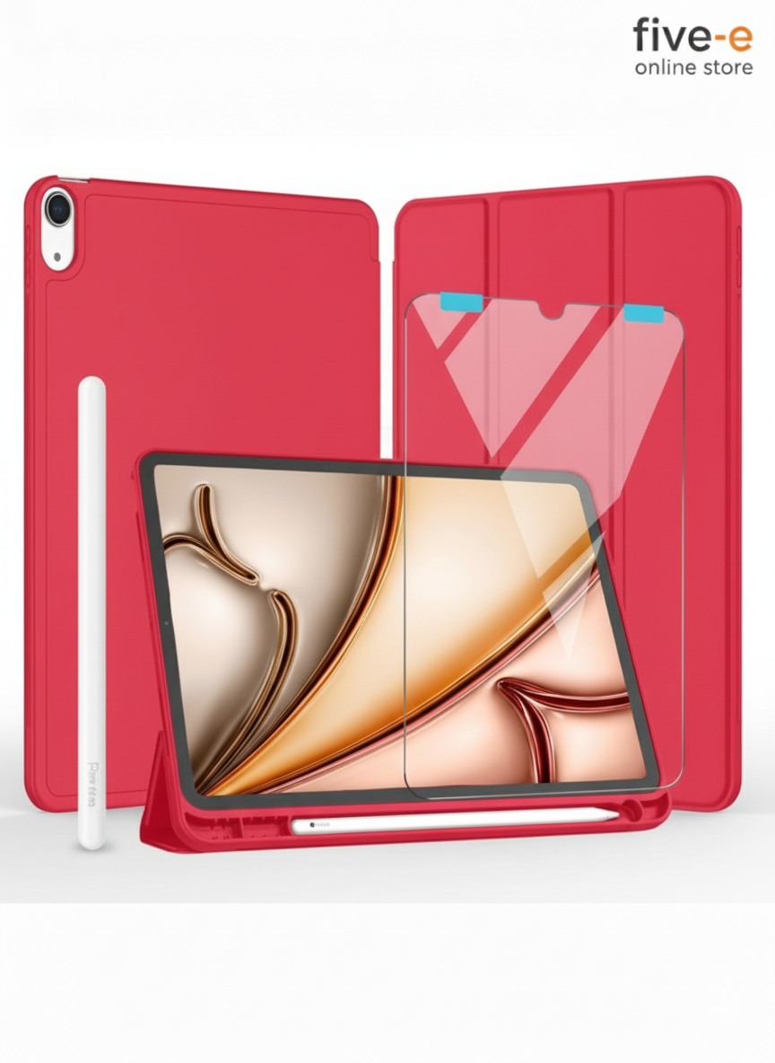 Apple iPad Air 4. Nesil 10.9 (2020) Kılıf Ekran Koruyucu ve Stylus Kalemli 3'ü 1 Arada Full Gear Set A2316 A2324 A2325 A2072 Kırmızı