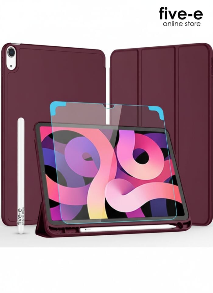 Apple iPad Air 4. Nesil 10.9 (2020) Kılıf Ekran Koruyucu ve Stylus Kalemli 3'ü 1 Arada Full Gear Set A2316 A2324 A2325 A2072 Bordo