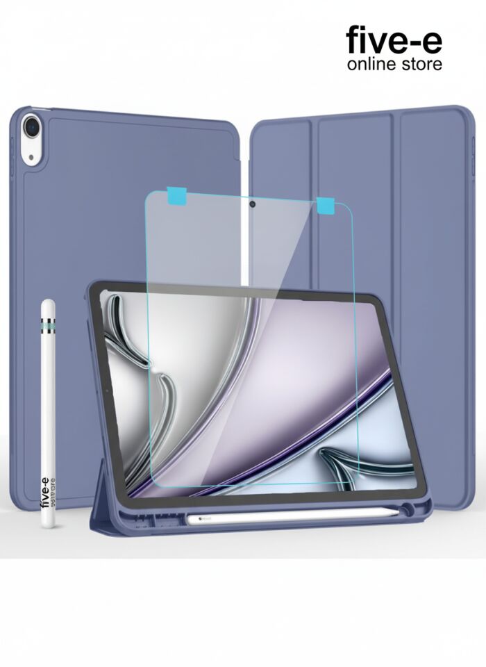 Apple iPad Air 5. Nesil 10.9 (2022) Kılıf Ekran Koruyucu ve Stylus Kalemli 3'ü 1 Arada Full Gear Set A2588 A2589 A2591 Lavanta