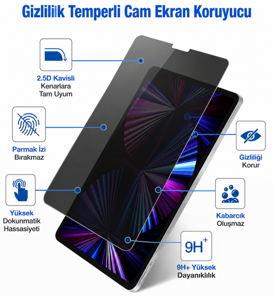 Apple iPad Pro 12.9 5. Nesil Uygulama Aparatlı Hayalet (Privacy) Temperli 2'li Cam Ekran Koruyucu (Kutulu) - 2 Adet