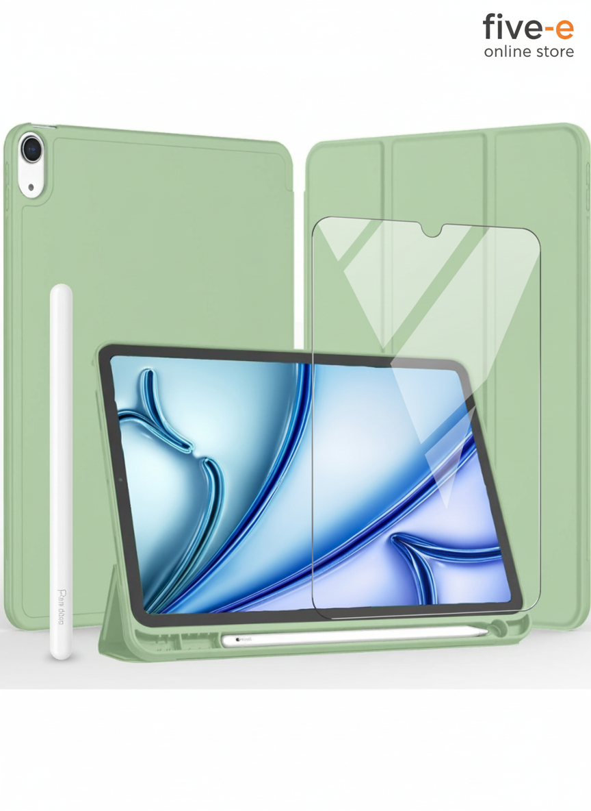 Apple iPad Air 11 M3 (2025) Kılıf Ekran Koruyucu ve Stylus Kalemli 3'ü 1 Arada Full Gear Set A3266 A3267 Açık Yeşil