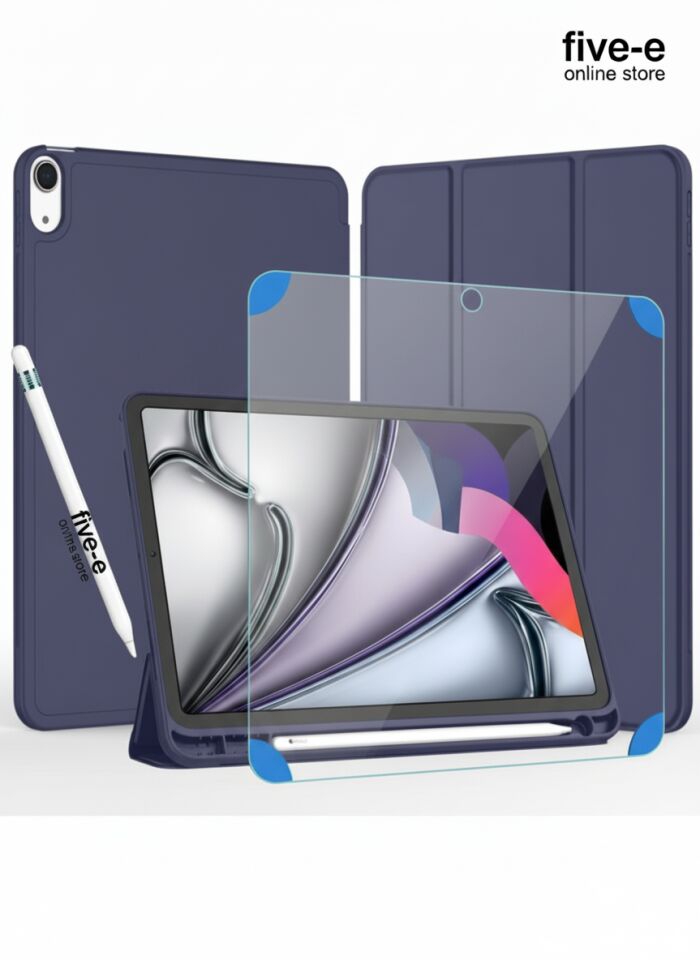 Apple iPad Air 11 M3 (2025) Kılıf Ekran Koruyucu ve Stylus Kalemli 3'ü 1 Arada Full Gear Set A3266 A3267 Lacivert