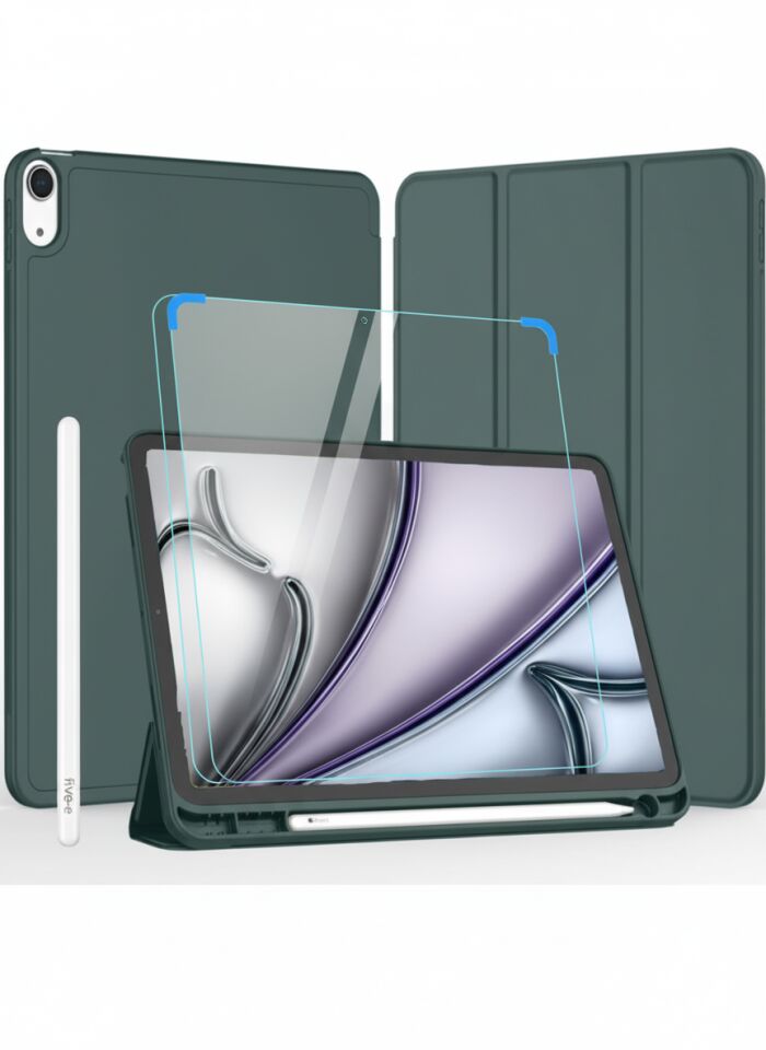 Apple iPad Air 11 Inc M2 (2024) Kılıf Ekran Koruyucu ve Stylus Kalemli 3'ü 1 Arada Full Gear Set A2902 A2903 A2904 Haki