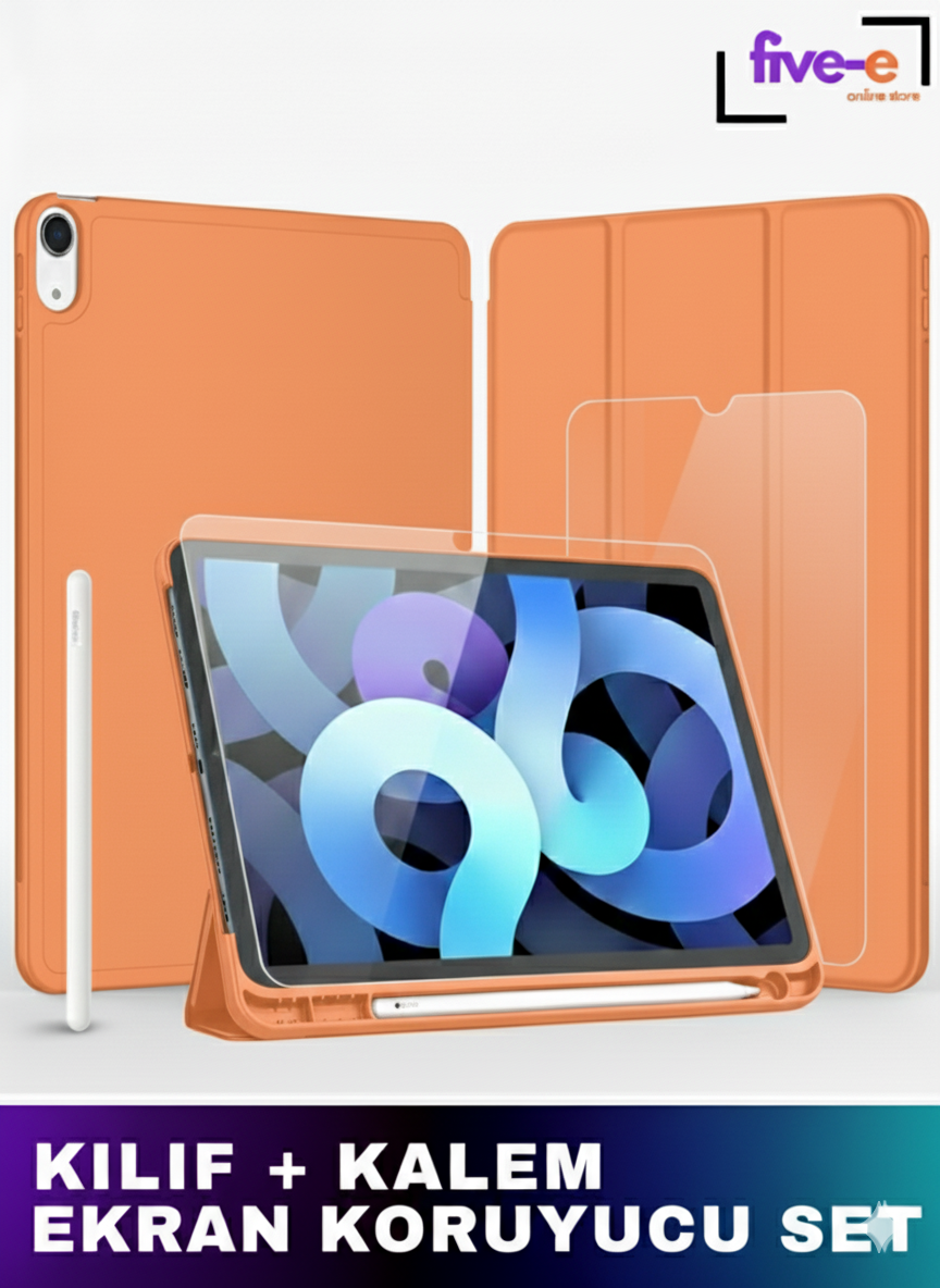 Apple iPad Air 11 Inc M2 (2024) Kılıf Ekran Koruyucu ve Stylus Kalemli 3'ü 1 Arada Full Gear Set A2902 A2903 A2904 Turuncu