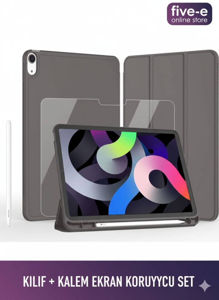 Apple iPad Air 11 Inc M2 (2024) Kılıf Ekran Koruyucu ve Stylus Kalemli 3'ü 1 Arada Full Gear Set A2902 A2903 A2904 Füme