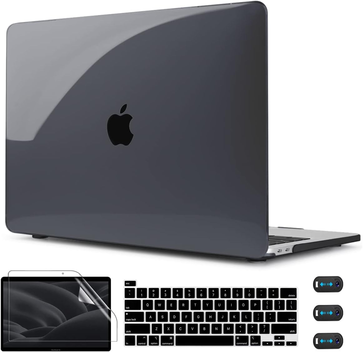 Apple MacBook Air 13.6 M3 2024 Darbelere Dayanıklı Ön Arka Clear Parlak Kapak Kılıf ve Koruyucu Set A3113 Siyah