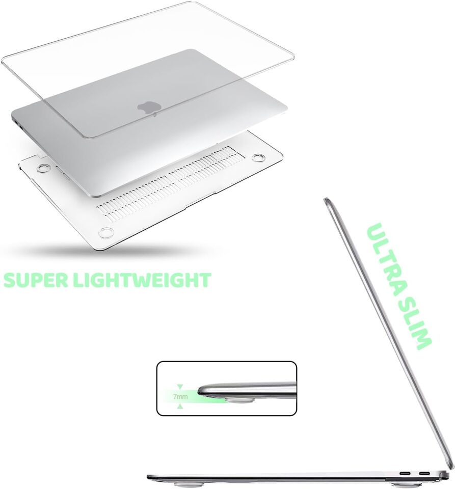 Apple MacBook Air 13.6 M3 2024 Darbelere Dayanıklı Ön Arka Clear Parlak Kapak Kılıf ve Koruyucu Set A3113 Şeffaf