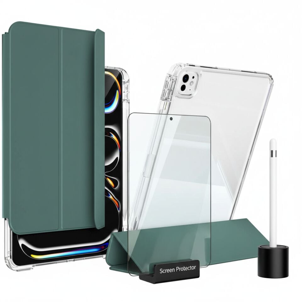 Apple iPad Pro 11 M4 (2024) i-Adapt Essential Ekran Koruyucu Stylus Kalem ve Kılıf Set Haki