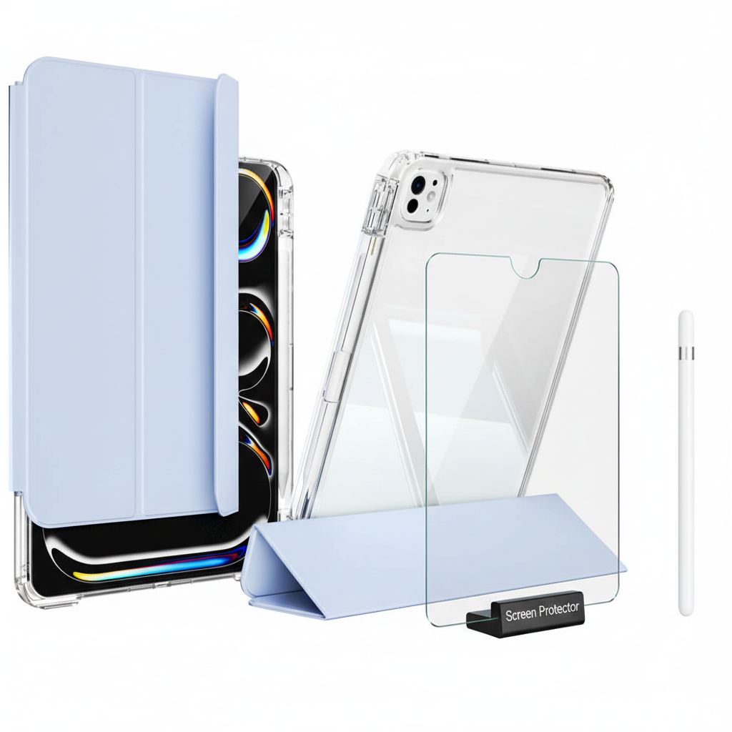 Apple iPad Pro 13 M5 (2025) i-Adapt Essential Ekran Koruyucu Stylus Kalem ve Kılıf Set Açık Mavi