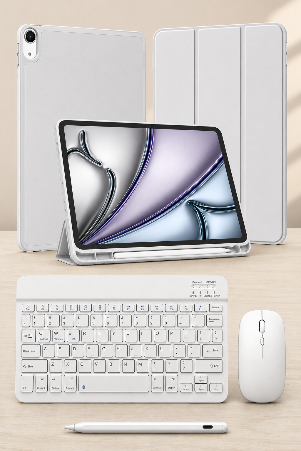 Five-E Apple iPad Air 11 M2-M3 SlatePro Yatay Standlı Türkçe Klavye Mouse Kalem ve Kılıf Seti A2902 A3266