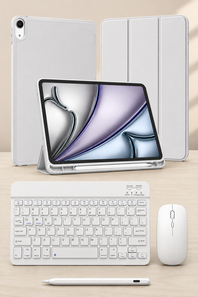 Five-E Apple iPad Air 11 M2-M3 SlatePro Yatay Standlı Türkçe Klavye Mouse Kalem ve Kılıf Seti A2902 A3266
