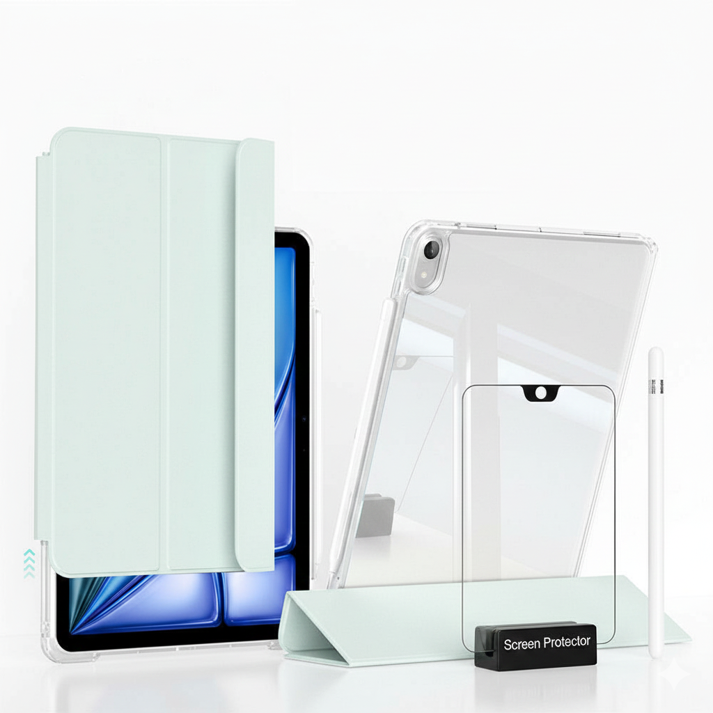Apple iPad Air 11 M4 (2026) i-Adapt Essential Ekran Koruyucu Stylus Kalem ve Kılıf Set Açık Yeşil