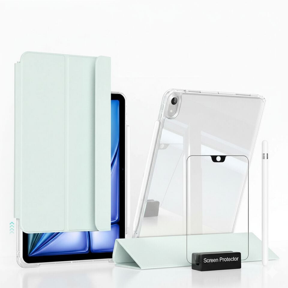 Apple iPad Air 11 M4 (2026) i-Adapt Essential Ekran Koruyucu Stylus Kalem ve Kılıf Set Açık Yeşil