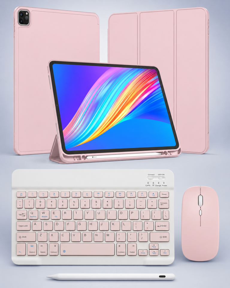 Five-E Apple iPad Pro 11 2-3-4. Nesil SlatePro Yatay Standlı Türkçe Klavye Mouse Kalem ve Kılıf Seti A2228 A2377 A2759