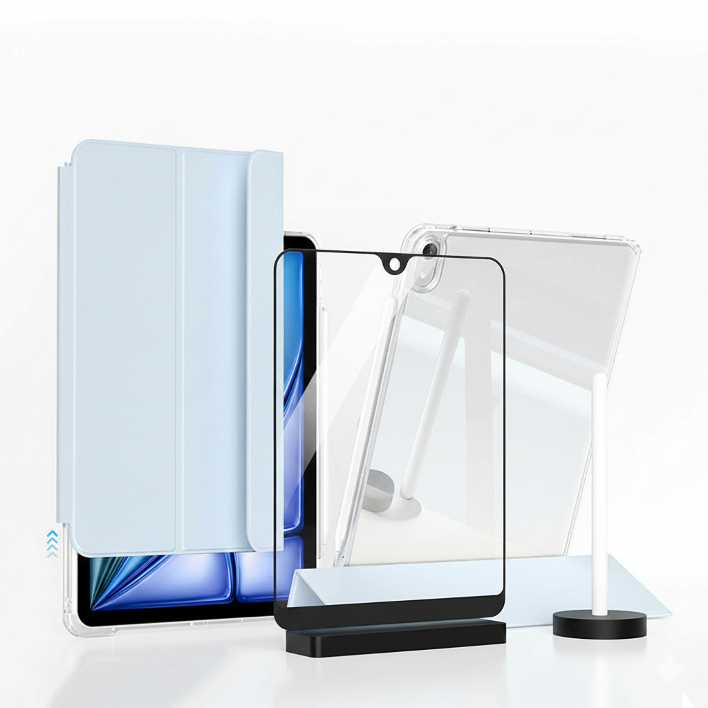Apple iPad Air 11 M2 (2024) i-Adapt Essential Ekran Koruyucu Stylus Kalem ve Kılıf Set Açık Mavi