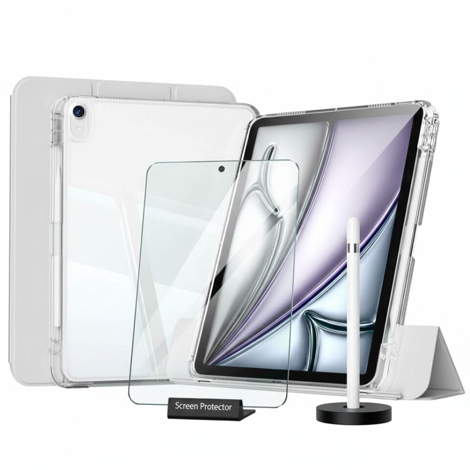 Apple iPad Air 13 M3 (2025) i-Adapt Essential Ekran Koruyucu Stylus Kalem ve Kılıf Set Gri