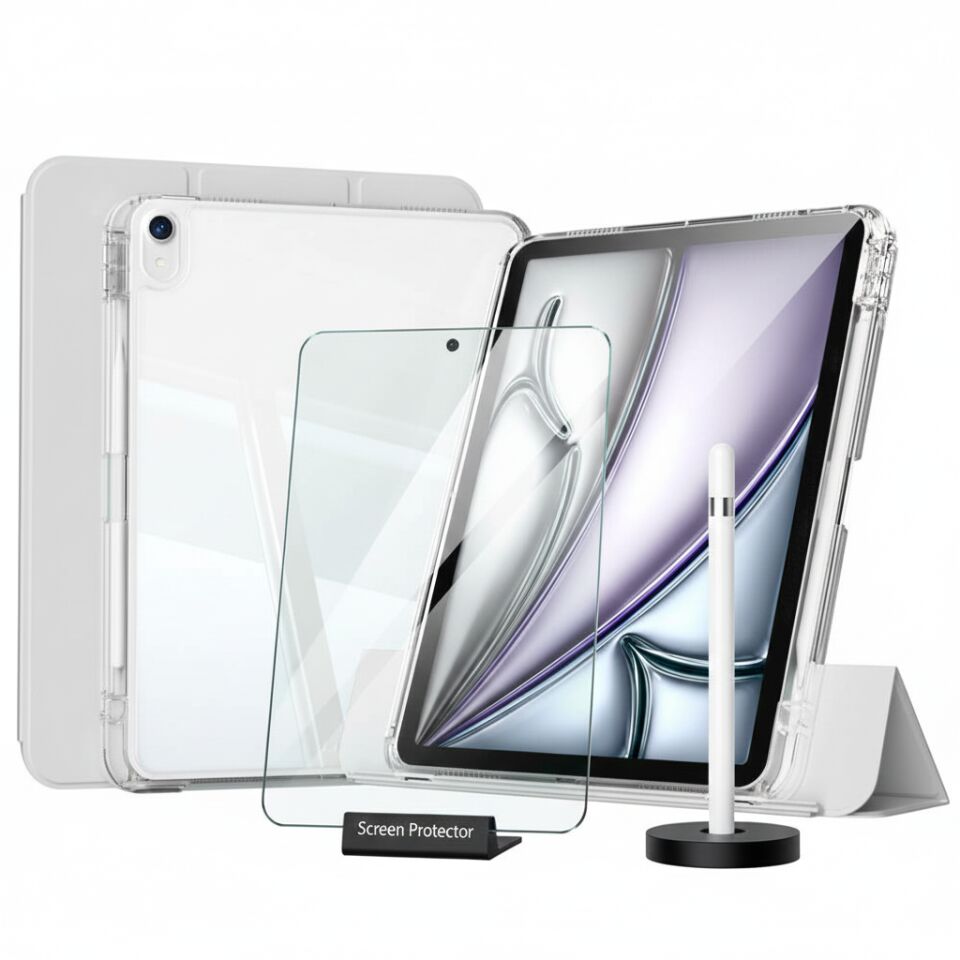 Apple iPad Air 13 M2 (2024) i-Adapt Essential Ekran Koruyucu Stylus Kalem ve Kılıf Set Gri