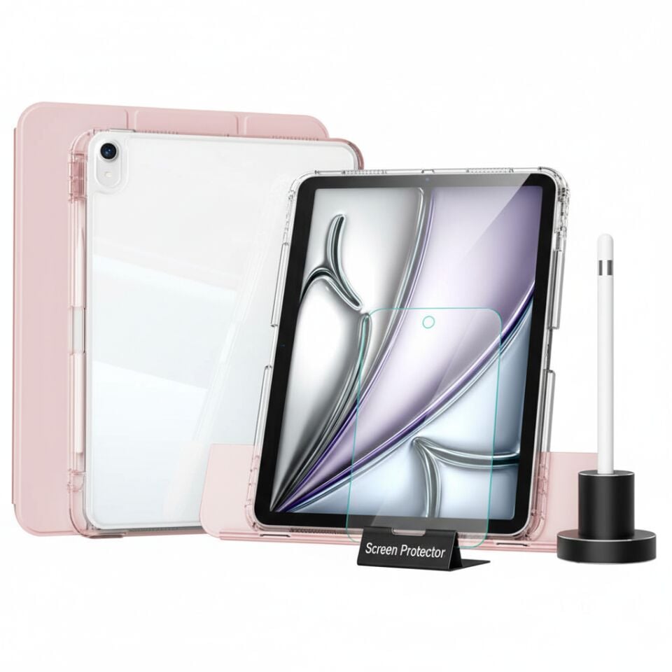 Apple iPad Air 13 M2 (2024) i-Adapt Essential Ekran Koruyucu Stylus Kalem ve Kılıf Set Pembe