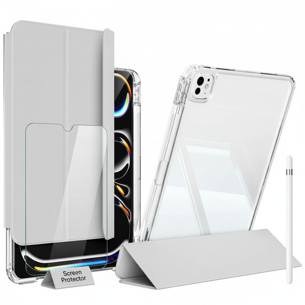 Apple iPad Pro 12.9 Inc 4. Nesil (2020) i-Adapt Essential Ekran Koruyucu Stylus Kalem ve Kılıf Set Gri