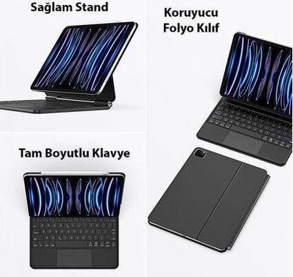 Apple iPad Air 11 Inç M3 (2025) LED Aydınlatmalı Touchpadli Manyetik Kapaklı Bluetoothlu Magic Türkçe Q Klavyeli Kılıf