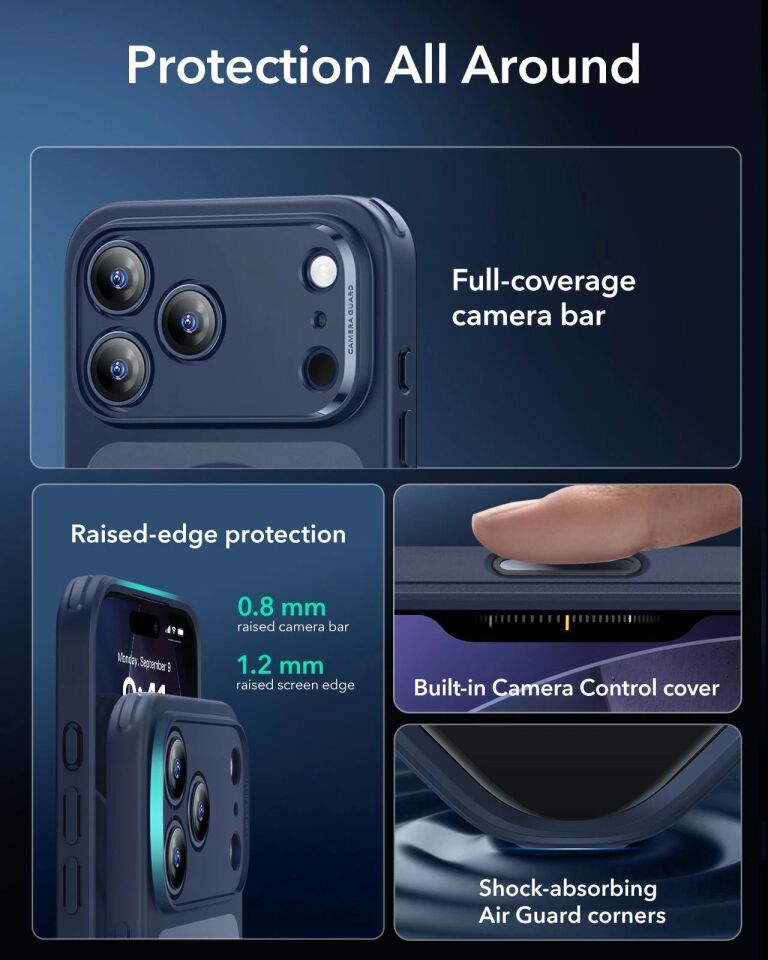 ESR Apple iPhone 17 Pro Max Classic Hybrid Kamera Kontrol Koruma Butonlu Magsafe Kapak Mavi