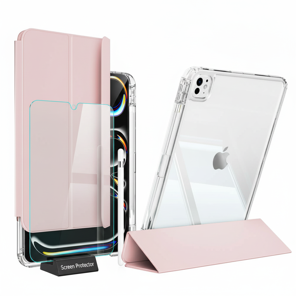 Apple iPad Pro 12.9 Inc 5. Nesil (2021) i-Adapt Essential Ekran Koruyucu Stylus Kalem ve Kılıf Set Pembe