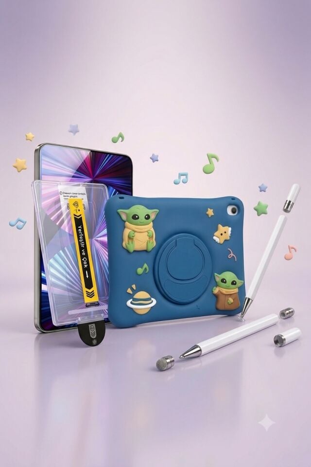 Five-E Samsung Galaxy A11 8.7 Inc Çocuklar Için Askılı Standlı Kılıf Dokunmatik Kalem ve Kolay Uygulama Aparatlı Cam Seti SM-X130