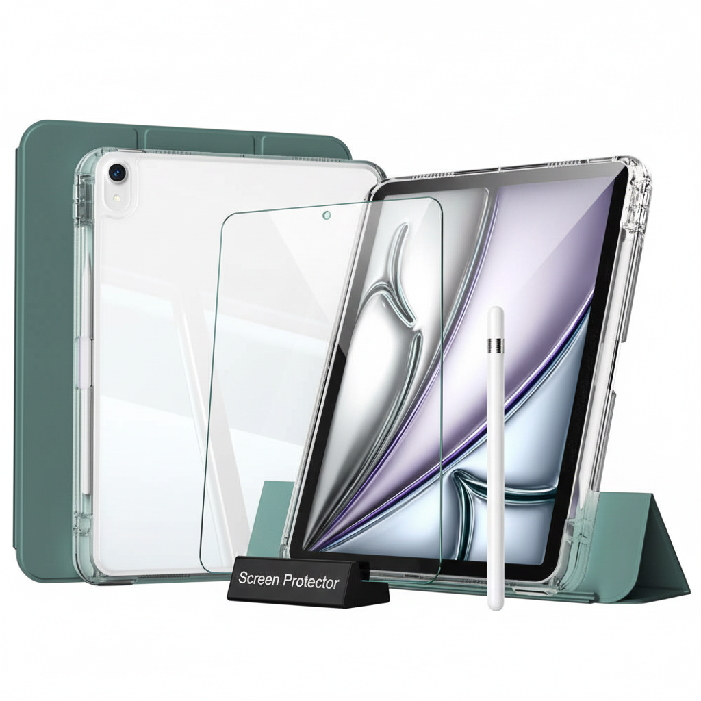 Apple iPad Air 5 (10.9) i-Adapt Essential Ekran Koruyucu Stylus Kalem ve Kılıf Set Haki