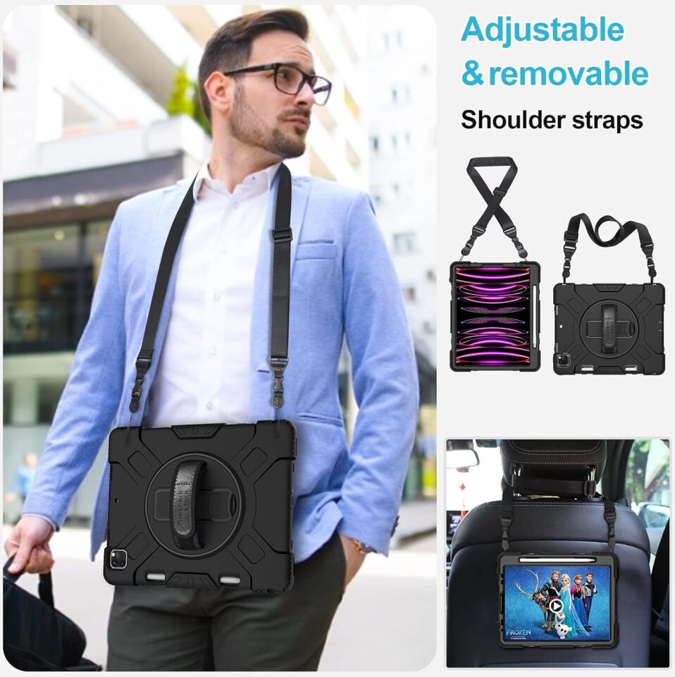 Five-E Apple iPad Pro 12.9 2021 5. Nesil Zırhlı Armour Defender Askılı Kılıf A2378 A2461 A2379