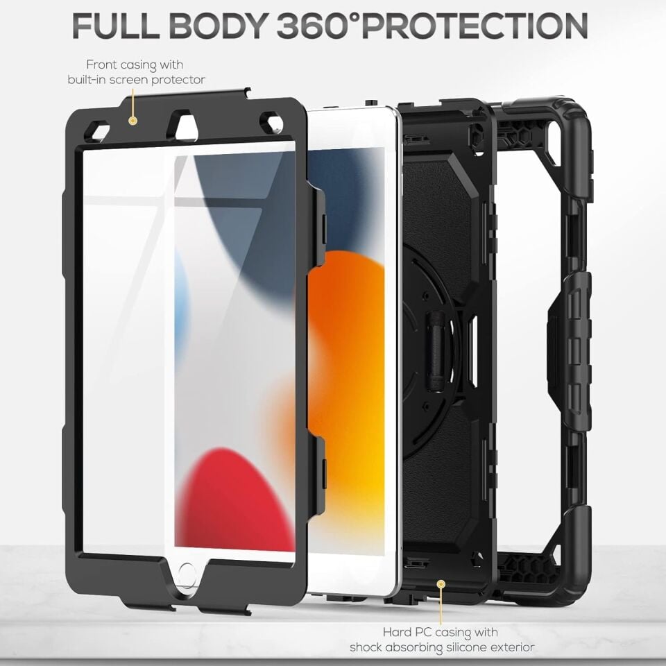 Five-E Apple iPad 7. Nesil 10.2 Inç Zırhlı Armour Defender Askılı Kılıf A2197 A2200 A2198