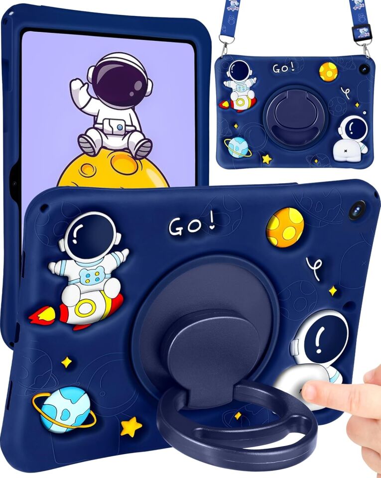 Five-E Samsung Galaxy Tab A11 8.7 Inc 2025 Standlı ve Boyun Askılı Astronot Figürlü Çocuk Tablet Kılıf SM-X130